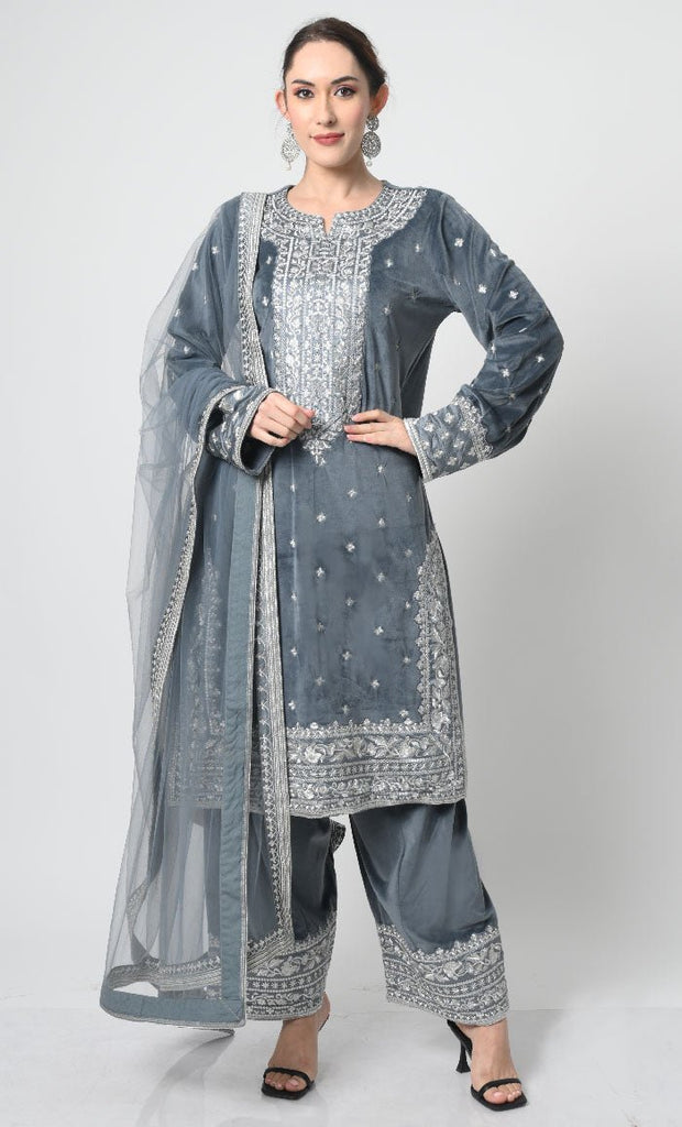 Velour Eid/Partywear 3 - Piece Set with metallic silver embroidery - EastEssence.com