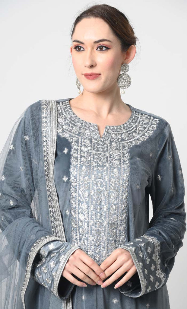 Velour Eid/Partywear 3 - Piece Set with metallic silver embroidery - EastEssence.com