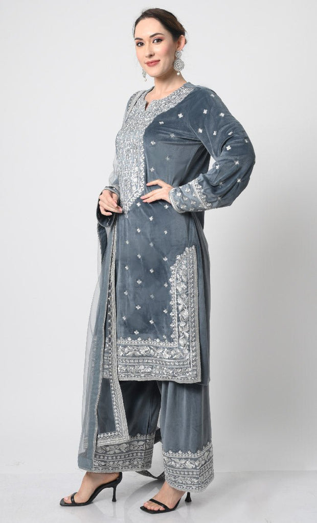 Velour Eid/Partywear 3 - Piece Set with metallic silver embroidery - EastEssence.com