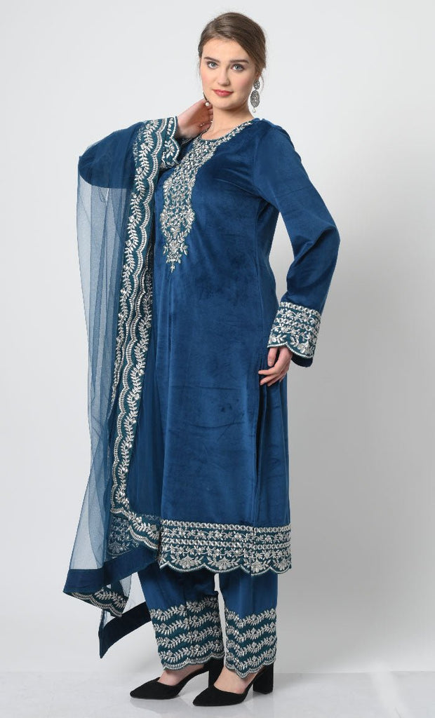 Velour Fabric Full Sleeves Round Neck with Metallic Silver Embroidery Salwar Kameez Set - EastEssence.com