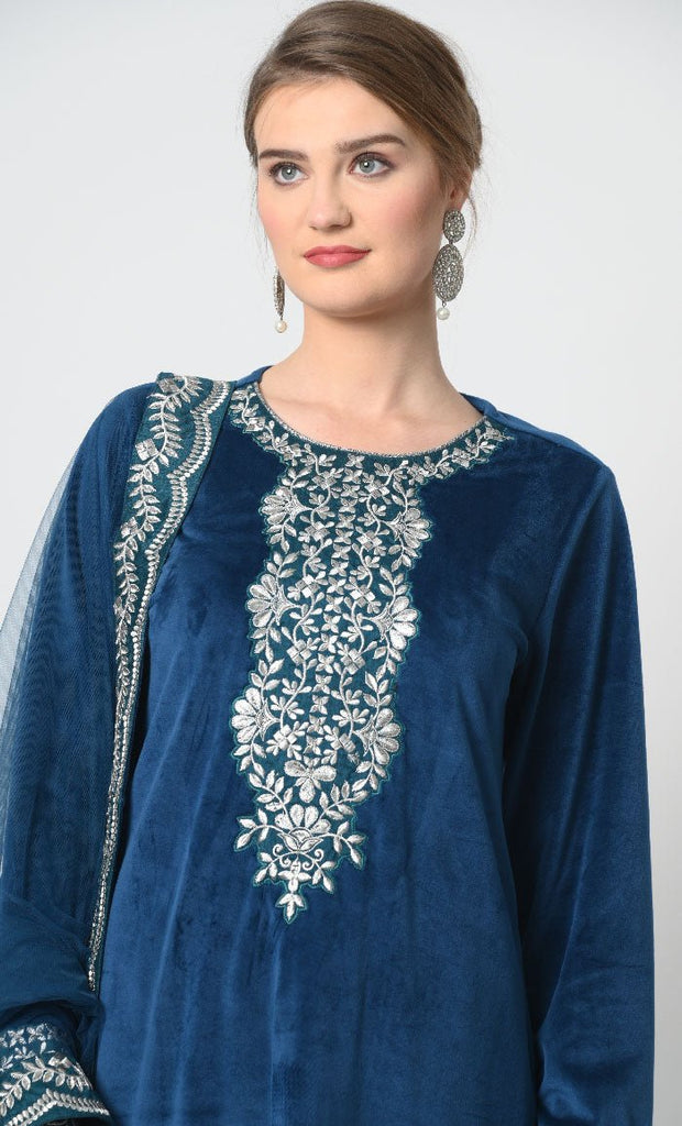 Velour Fabric Full Sleeves Round Neck with Metallic Silver Embroidery Salwar Kameez Set - EastEssence.com