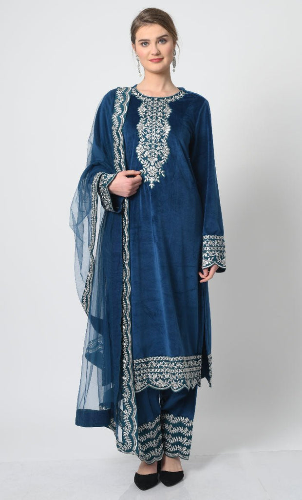 Velour Fabric Full Sleeves Round Neck with Metallic Silver Embroidery Salwar Kameez Set - EastEssence.com