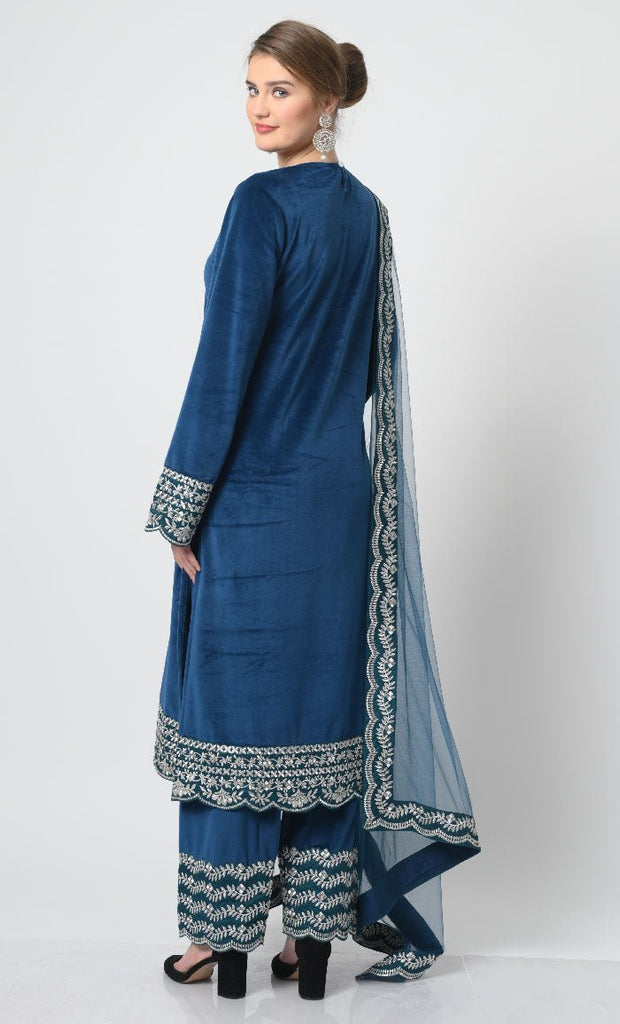 Velour Fabric Full Sleeves Round Neck with Metallic Silver Embroidery Salwar Kameez Set - EastEssence.com