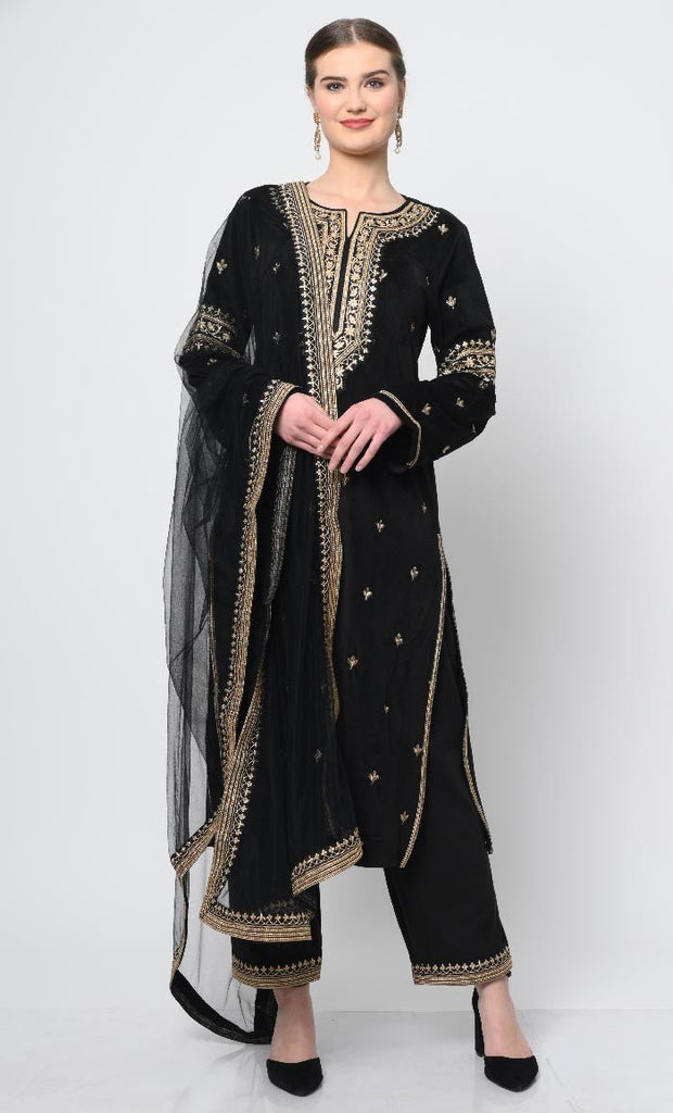 Velour Salwar Kameez with Heavy Gold Embroidery and Net Dupatta - EastEssence.com