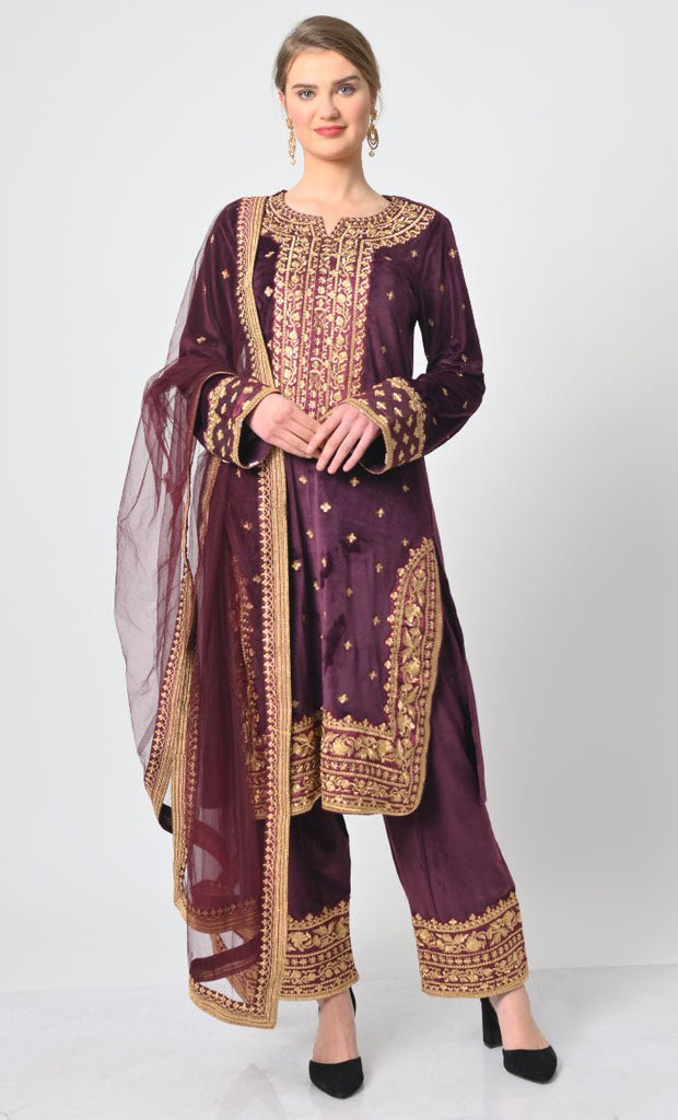 Velour Salwar Kameez with Heavy Gold Embroidery and Net Dupatta - EastEssence.com