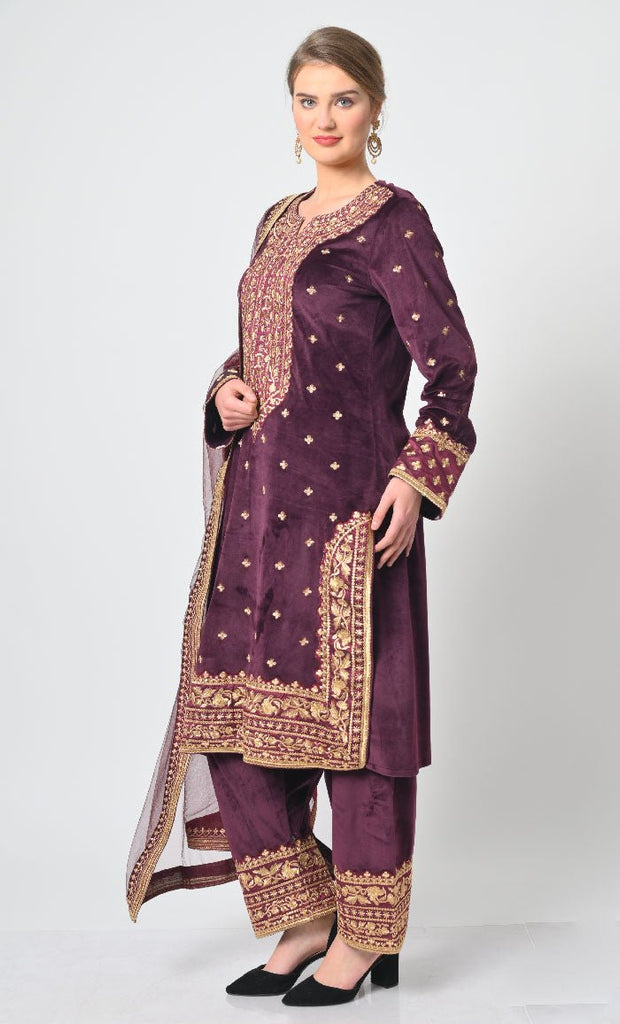 Velour Salwar Kameez with Heavy Gold Embroidery and Net Dupatta - EastEssence.com