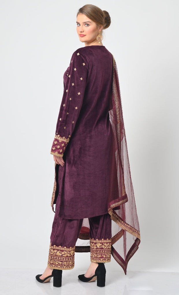 Velour Salwar Kameez with Heavy Gold Embroidery and Net Dupatta - EastEssence.com