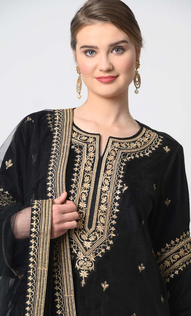 Velour Salwar Kameez with Heavy Gold Embroidery and Net Dupatta - EastEssence.com