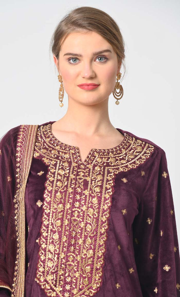 Velour Salwar Kameez with Heavy Gold Embroidery and Net Dupatta - EastEssence.com