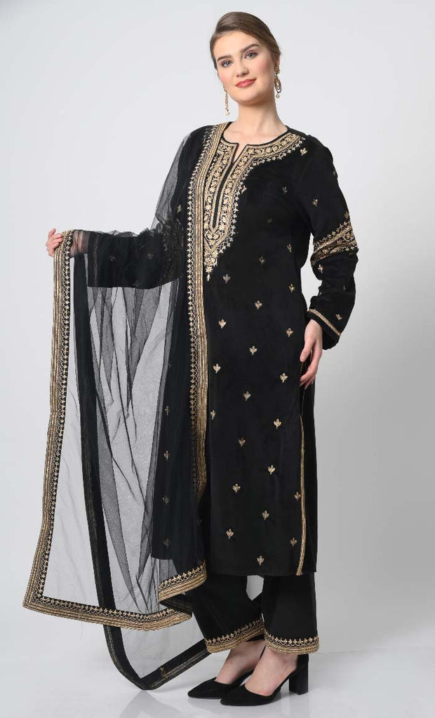 Velour Salwar Kameez with Heavy Gold Embroidery and Net Dupatta - EastEssence.com