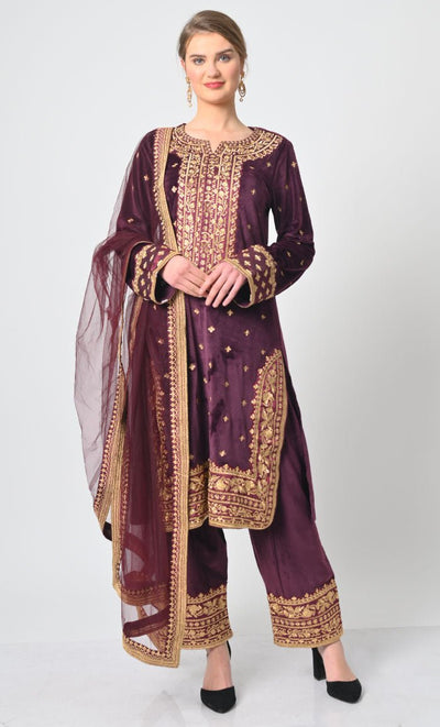 Velour Salwar Kameez with Heavy Gold Embroidery and Net Dupatta - Final Sale - EastEssence.com