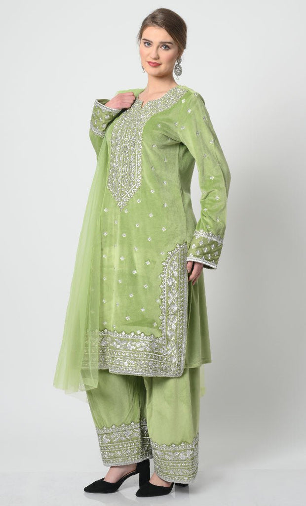 Velour Salwar Kameez with Heavy Silver Embroidery and Net Dupatta - EastEssence.com