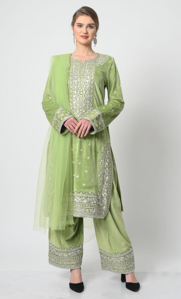 Velour Salwar Kameez with Heavy Silver Embroidery and Net Dupatta - EastEssence.com