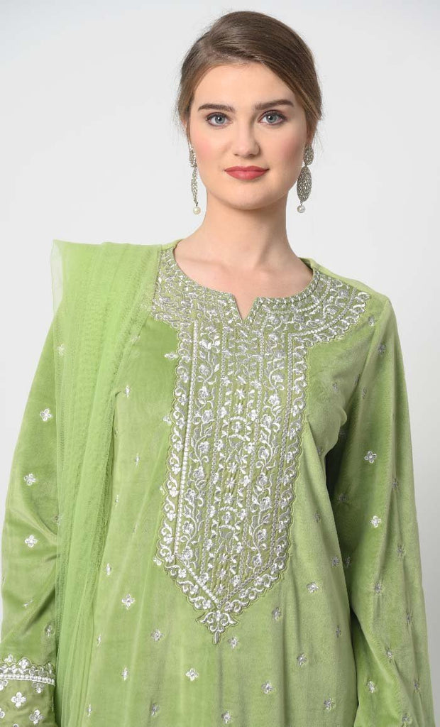 Velour Salwar Kameez with Heavy Silver Embroidery and Net Dupatta - EastEssence.com