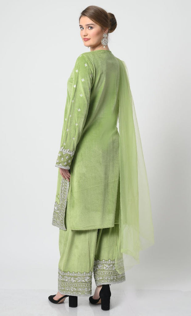 Velour Salwar Kameez with Heavy Silver Embroidery and Net Dupatta - EastEssence.com