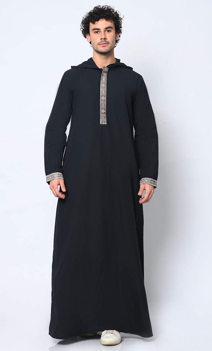 Versatile Style: Hidden Button Men's Black Thobe Hoodie with Pockets - EastEssence.com