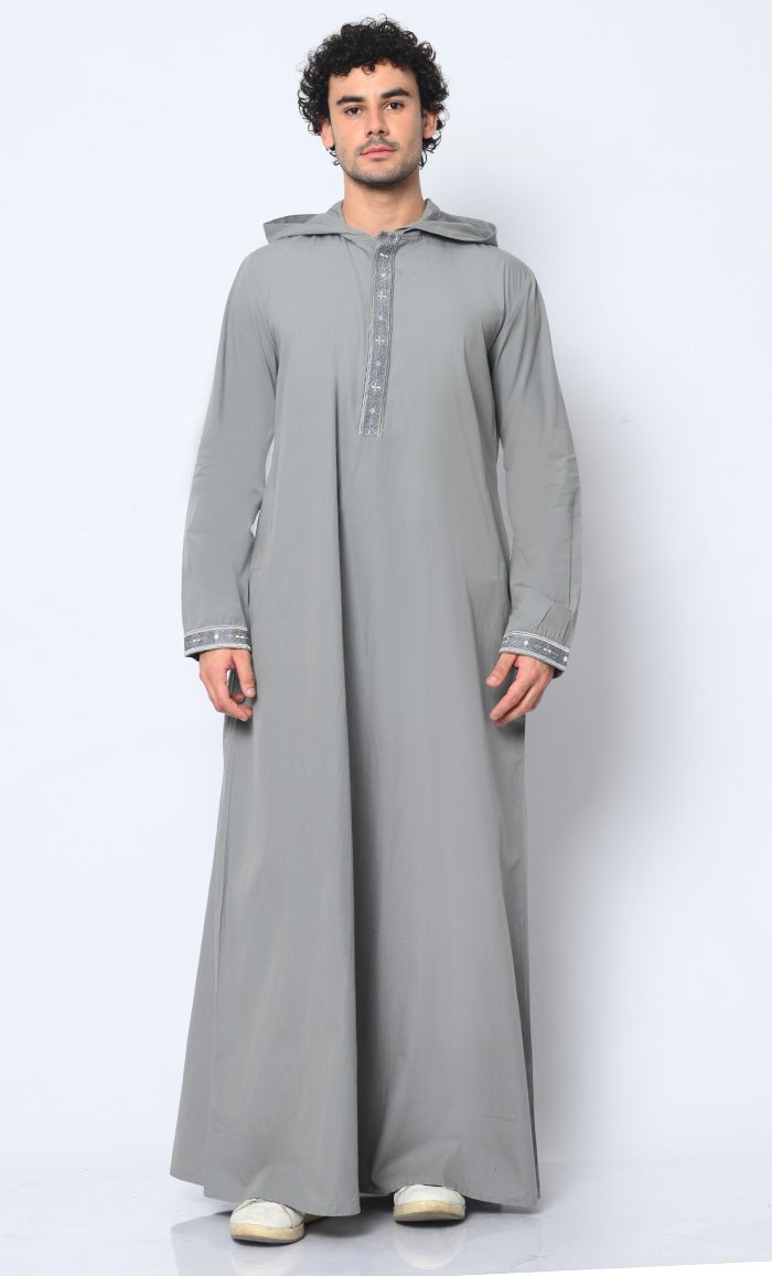 Versatile Style: Hidden Button Men's Grey Thobe Hoodie with Pockets - EastEssence.com