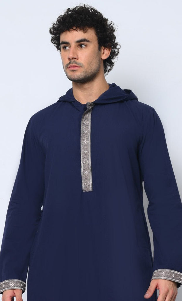 Versatile Style: Hidden Button Men's Navy Thobe Hoodie with Pockets - EastEssence.com