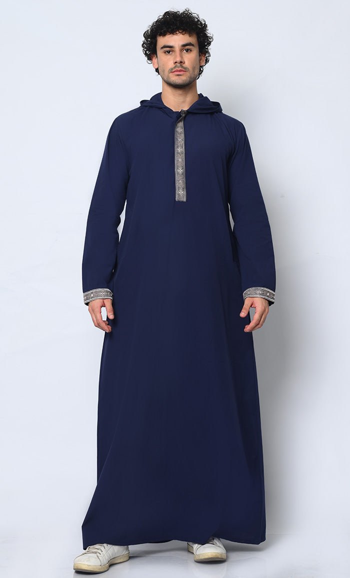 Versatile Style: Hidden Button Men's Navy Thobe Hoodie with Pockets - EastEssence.com