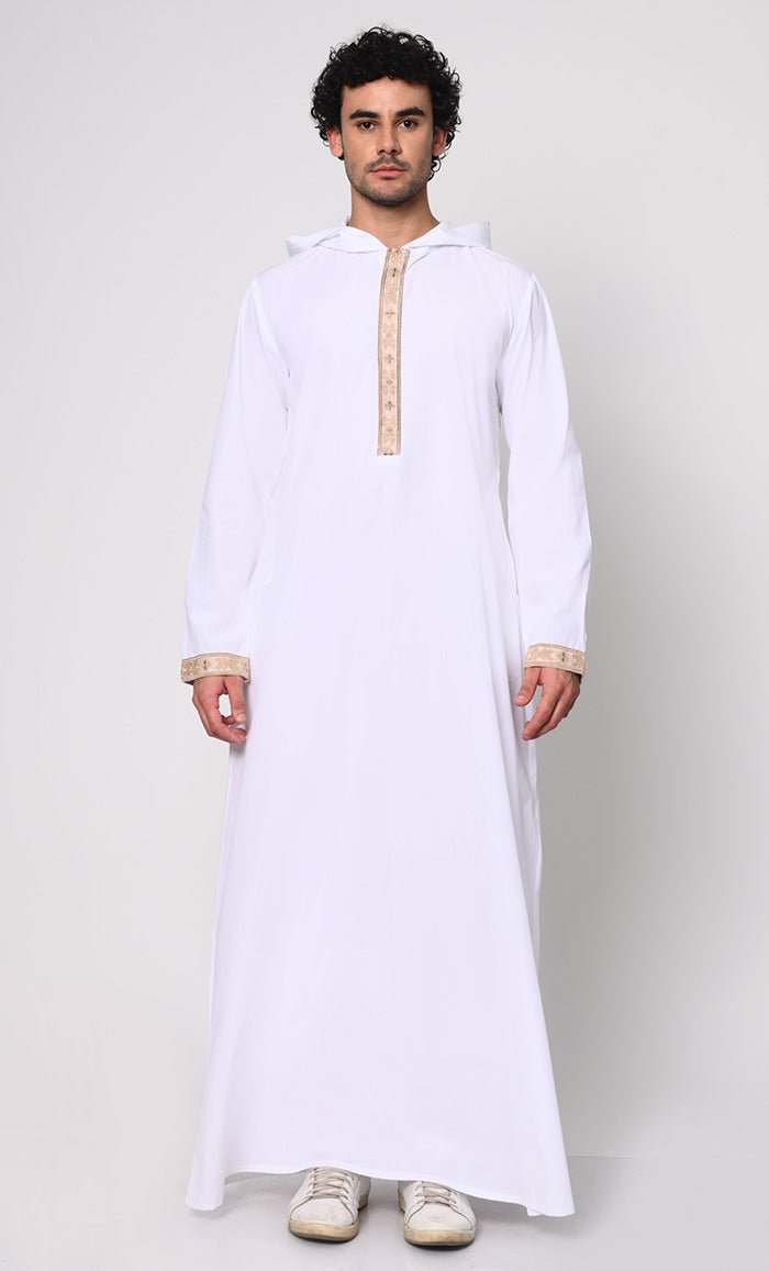 Versatile Style: Hidden Button Men's White Thobe Hoodie with Pockets - EastEssence.com