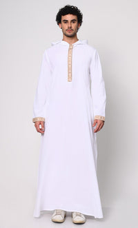 Versatile Style: Hidden Button Men's White Thobe Hoodie with Pockets - EastEssence.com