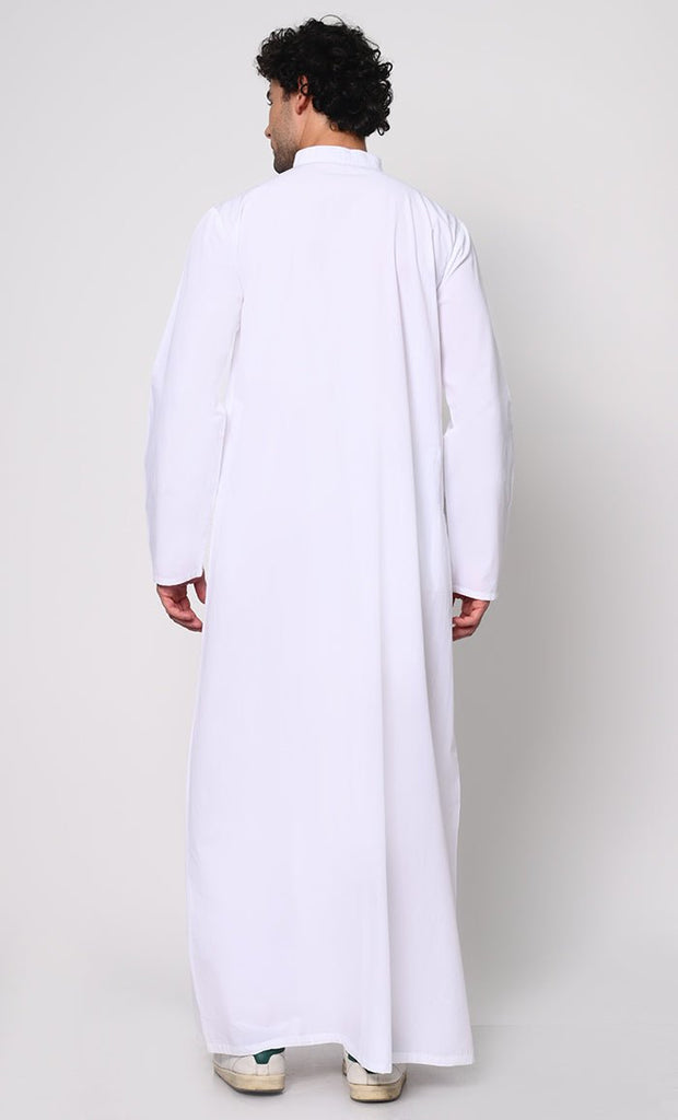 Versatile Style: Hidden Button Men's White Thobe Hoodie with Pockets - EastEssence.com