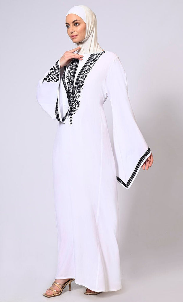 White Abaya with Bell Sleeves adorned in Hand & Machine Embroidery - Final Sale - EastEssence.com