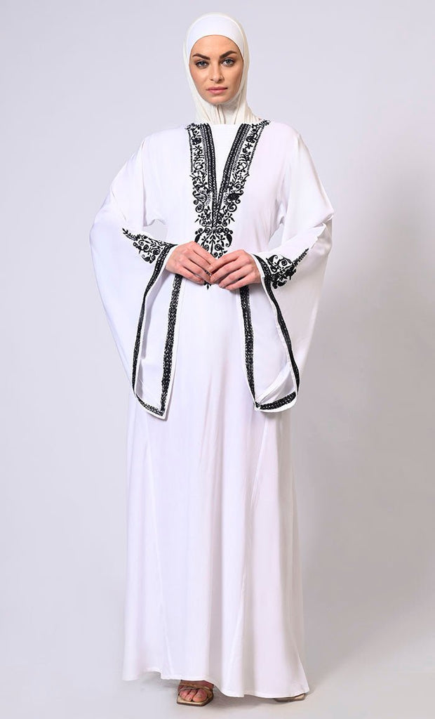 White Abaya with Bell Sleeves adorned in Hand & Machine Embroidery - Final Sale - EastEssence.com