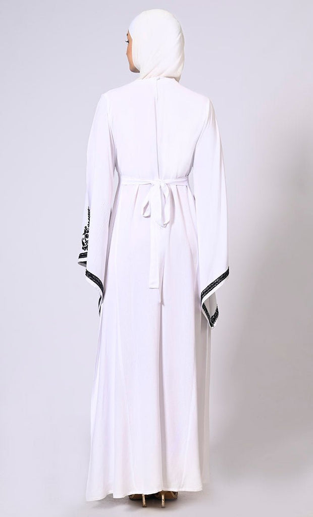 White Abaya with Bell Sleeves adorned in Hand & Machine Embroidery - Final Sale - EastEssence.com