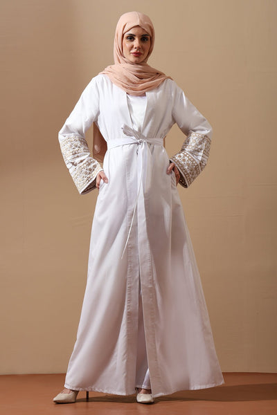 White Belted Abaya with Embroidered Cuffs - EastEssence.com