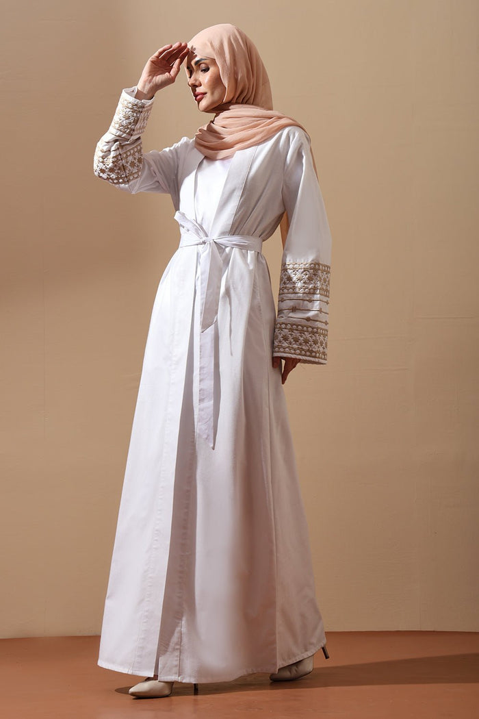 White Belted Abaya with Embroidered Cuffs - EastEssence.com