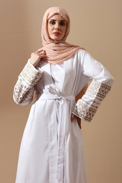 White Belted Abaya with Embroidered Cuffs - EastEssence.com