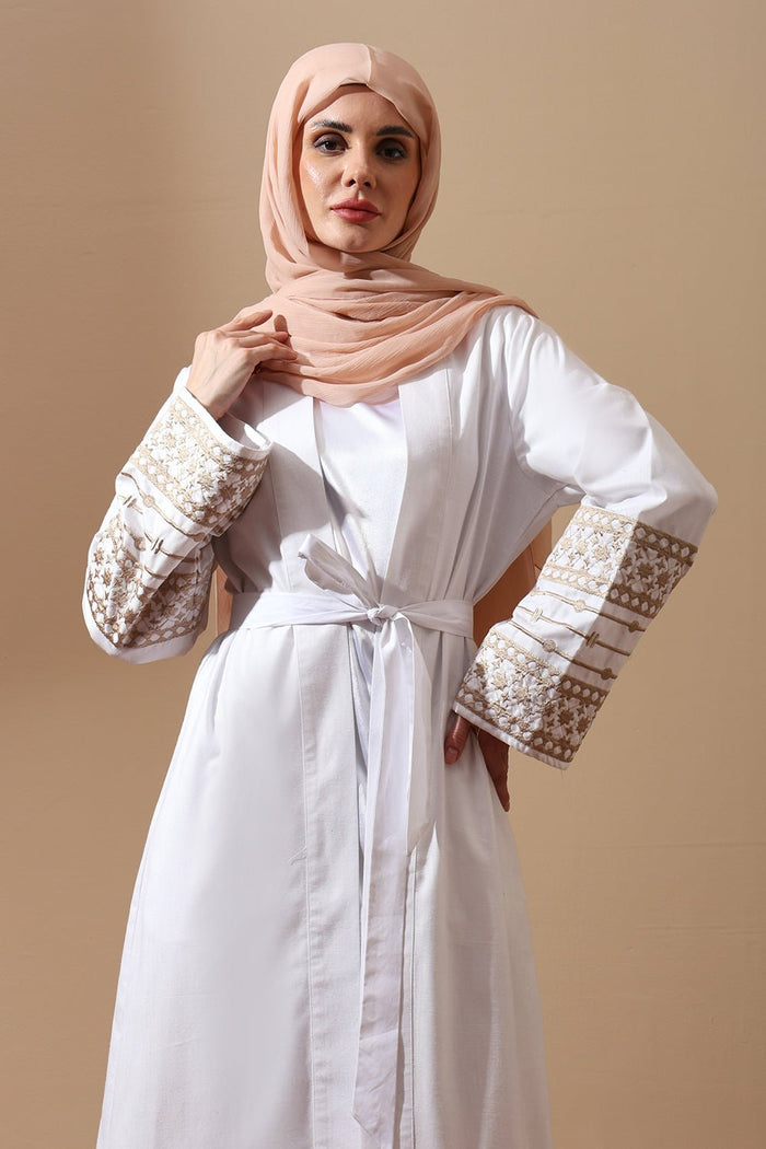 White Belted Abaya with Embroidered Cuffs - EastEssence.com