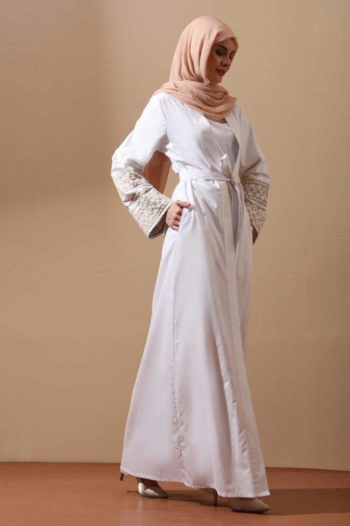 White Belted Abaya with Embroidered Cuffs - EastEssence.com
