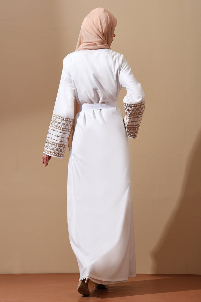 White Belted Abaya with Embroidered Cuffs - EastEssence.com