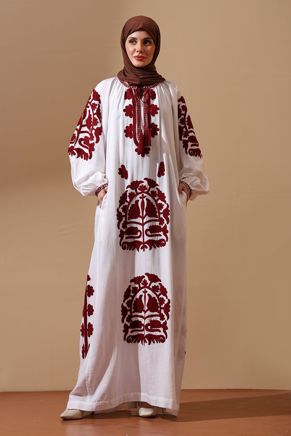 White Cotton Abaya with Maroon Heritage Embroidery - EastEssence.com