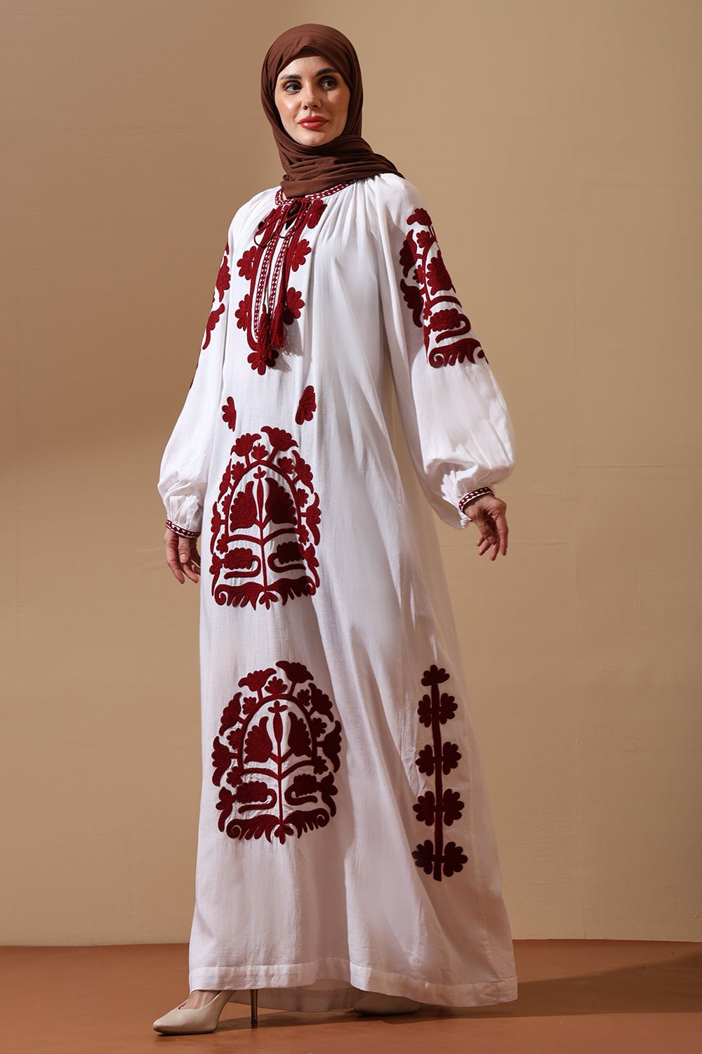 White Cotton Abaya with Maroon Heritage Embroidery - EastEssence.com