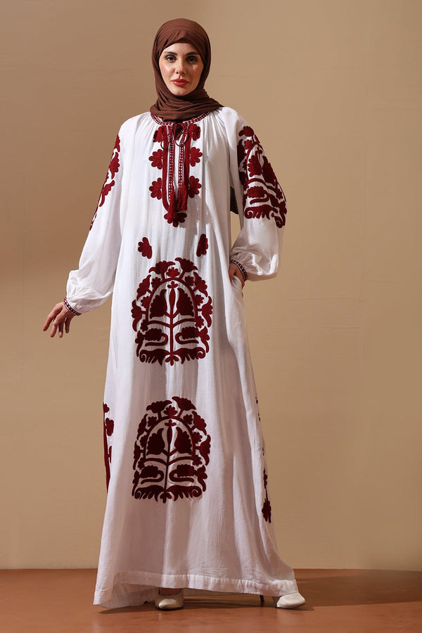 White Cotton Abaya with Maroon Heritage Embroidery - EastEssence.com