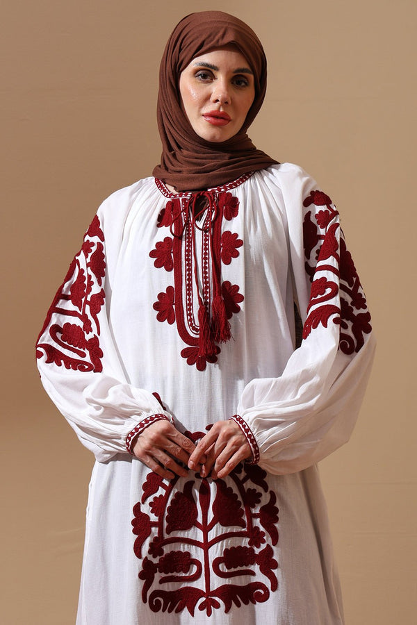White Cotton Abaya with Maroon Heritage Embroidery - EastEssence.com