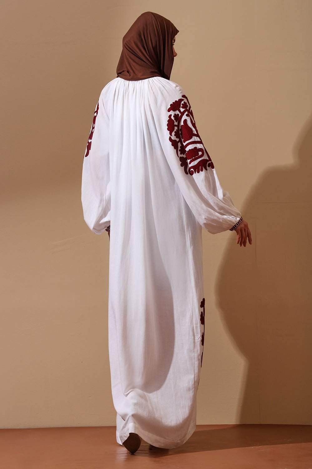 White Cotton Abaya with Maroon Heritage Embroidery - EastEssence.com