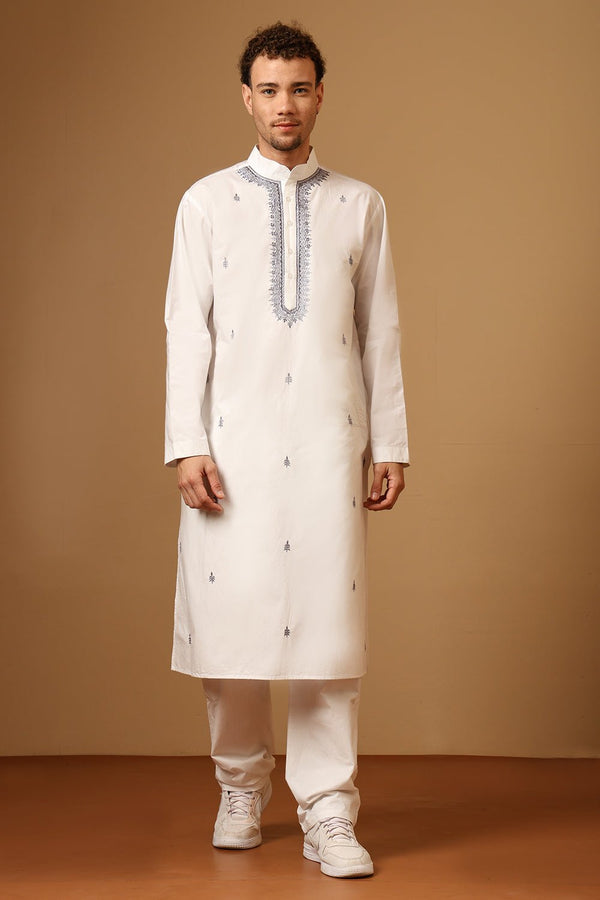 White Cotton Poplin Kurta Set with Embroidered Neck - EastEssence.com