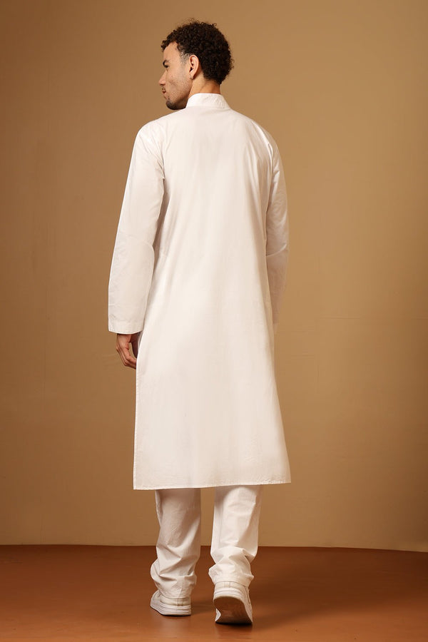 White Cotton Poplin Kurta Set with Embroidered Neck - EastEssence.com