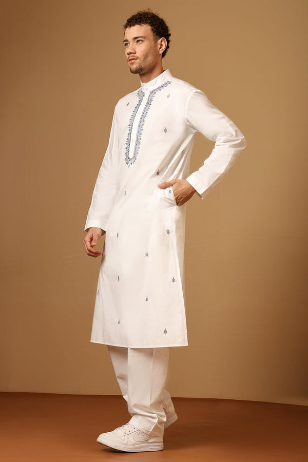 White Cotton Poplin Kurta Set with Embroidered Neck - EastEssence.com