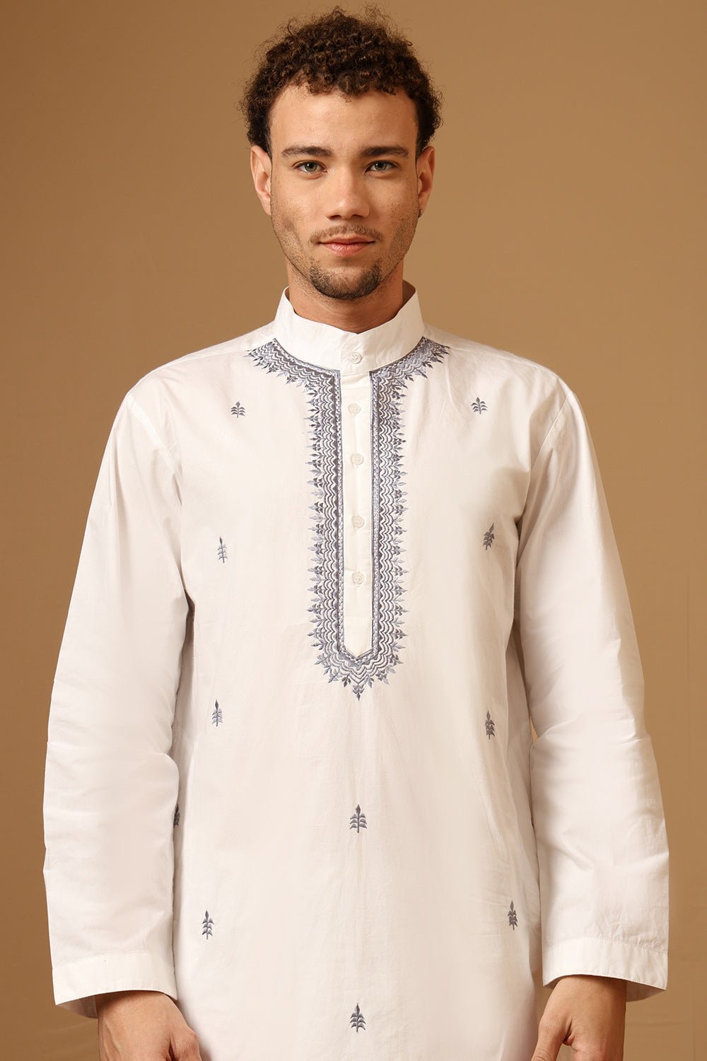 White Cotton Poplin Kurta Set with Embroidered Neck - EastEssence.com