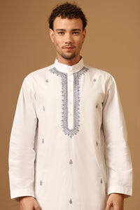 White Cotton Poplin Kurta Set with Embroidered Neck - EastEssence.com