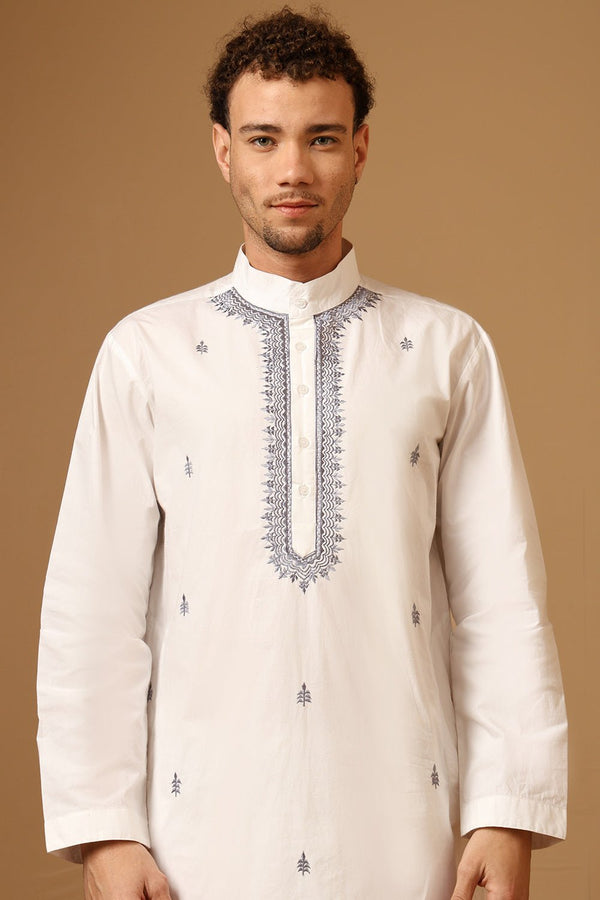 White Cotton Poplin Kurta Set with Embroidered Neck - EastEssence.com
