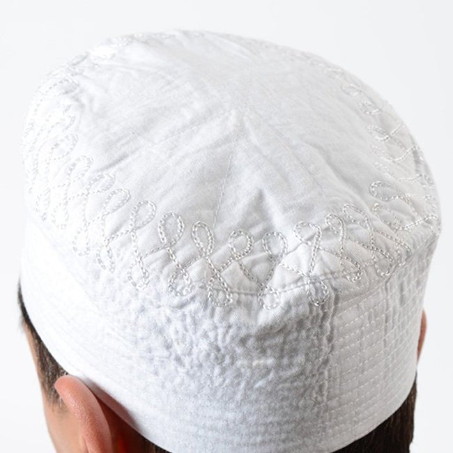 White Embroidered Cotton Kufi - EastEssence.com