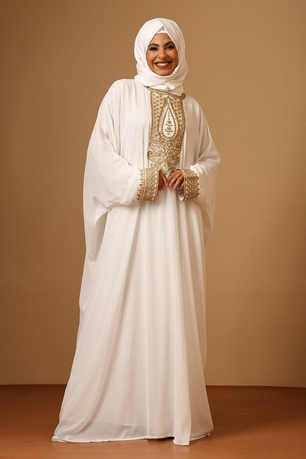 White Fine Georgette Kaftan Abaya with Gold Zari Embroider - EastEssence.com