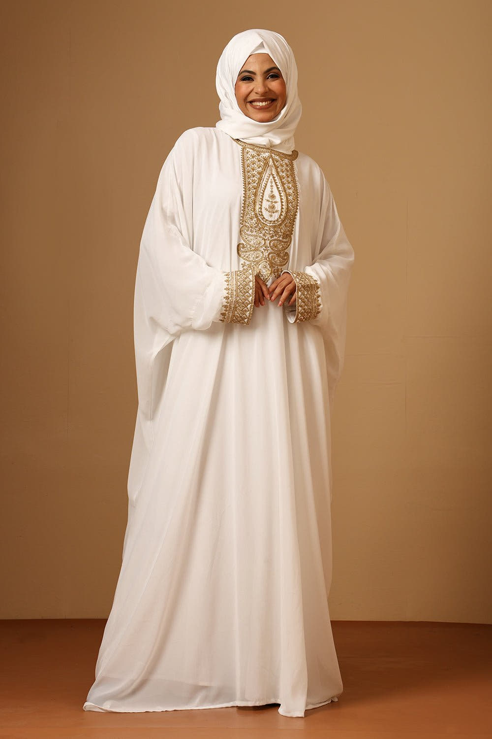 White Fine Georgette Kaftan Abaya with Gold Zari Embroider