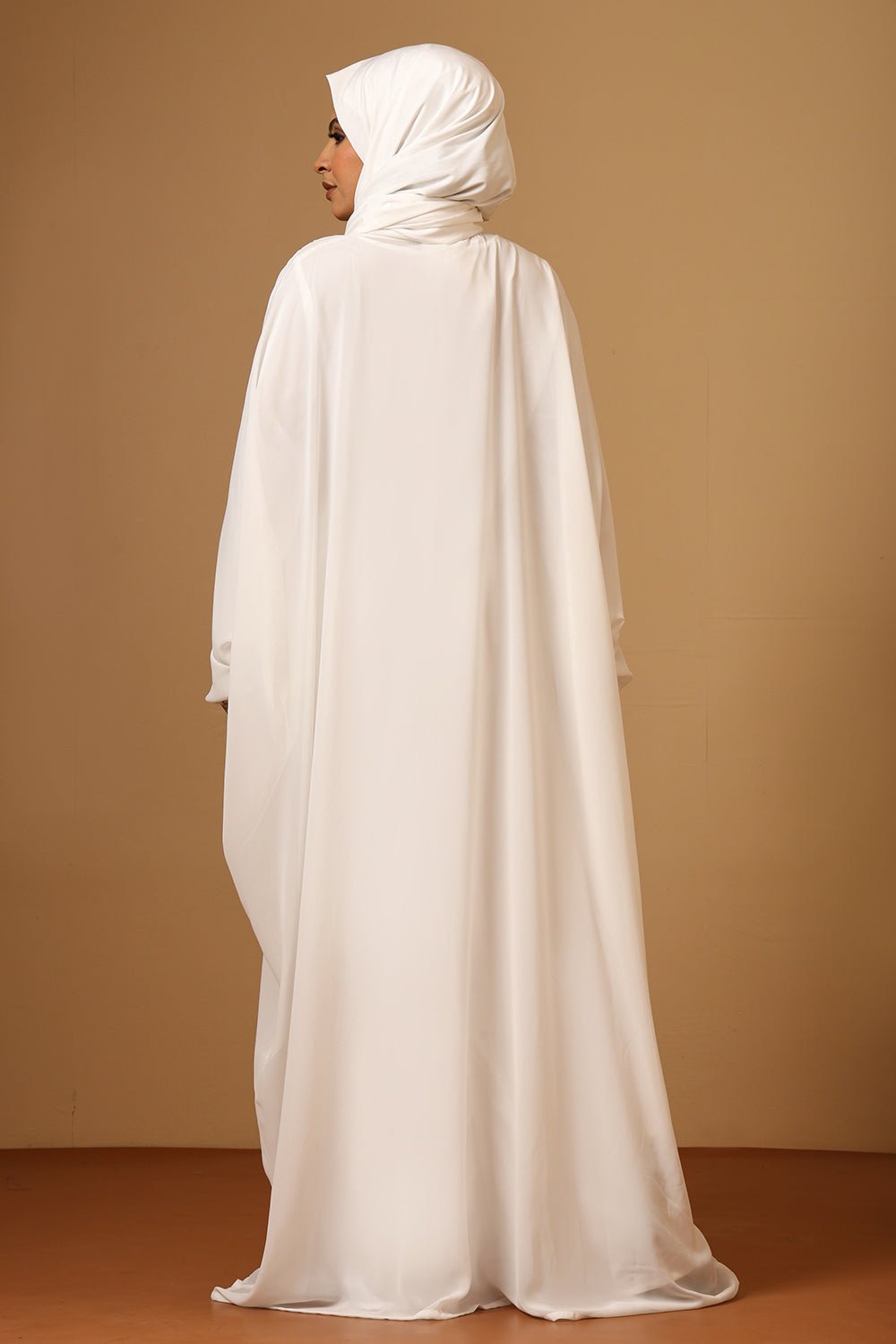 White Fine Georgette Kaftan Abaya with Gold Zari Embroider - EastEssence.com